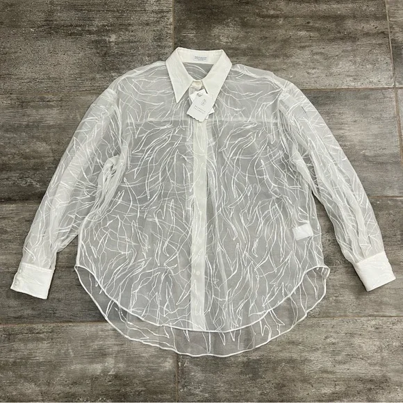 Brunello Cucinelli Dazzling Exotic Embroidery Shirt in Crispy Silk Size M NWT